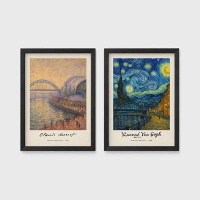Set of 2 framed prints, Newcastle-themed reimagined masterpieces: a Monet-style impressionist painting of the Tyne Bridge, signed "Claude Monet"; and a Van Gogh Starry Night-style painting over the Newcastle skyline, signed "Vincent Van Gogh" — unframed
