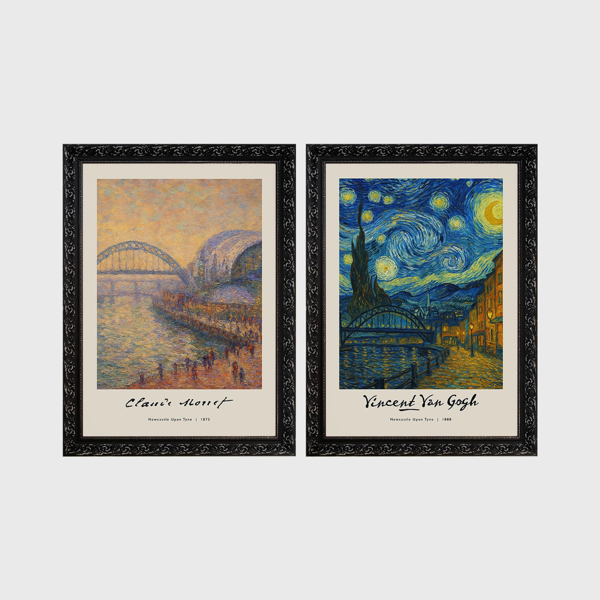 Set of 2 framed prints, Newcastle-themed reimagined masterpieces: a Monet-style impressionist painting of the Tyne Bridge, signed "Claude Monet"; and a Van Gogh Starry Night-style painting over the Newcastle skyline, signed "Vincent Van Gogh" — unframed