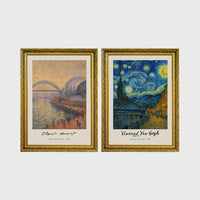 Set of 2 framed prints, Newcastle-themed reimagined masterpieces: a Monet-style impressionist painting of the Tyne Bridge, signed "Claude Monet"; and a Van Gogh Starry Night-style painting over the Newcastle skyline, signed "Vincent Van Gogh" — unframed