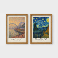 Set of 2 framed prints, Newcastle-themed reimagined masterpieces: a Monet-style impressionist painting of the Tyne Bridge, signed "Claude Monet"; and a Van Gogh Starry Night-style painting over the Newcastle skyline, signed "Vincent Van Gogh" — unframed