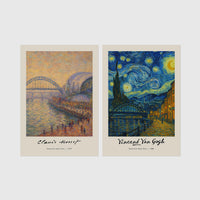 Set of 2 framed prints, Newcastle-themed reimagined masterpieces: a Monet-style impressionist painting of the Tyne Bridge, signed "Claude Monet"; and a Van Gogh Starry Night-style painting over the Newcastle skyline, signed "Vincent Van Gogh" — unframed