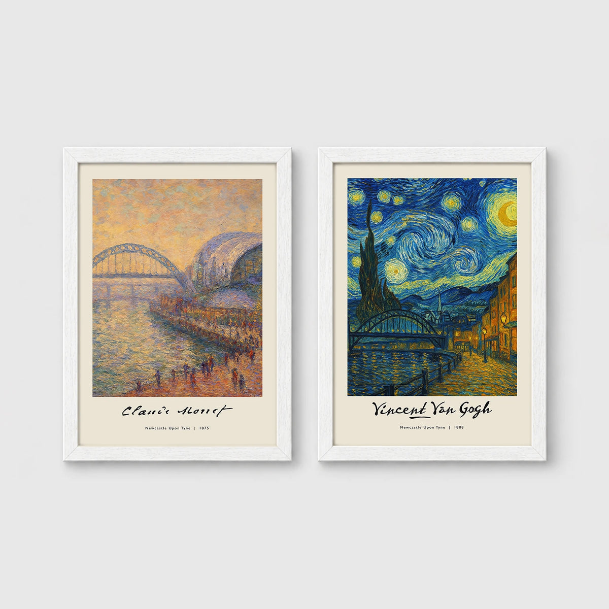 Set of 2 framed prints, Newcastle-themed reimagined masterpieces: a Monet-style impressionist painting of the Tyne Bridge, signed "Claude Monet"; and a Van Gogh Starry Night-style painting over the Newcastle skyline, signed "Vincent Van Gogh" — unframed