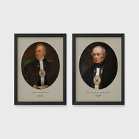 Set of 2 framed prints, Newcastle notables, vintage portraits: a sepia-toned vintage portrait of George Stephenson; and a sepia-toned vintage portrait of Sir William Armstrong — unframed