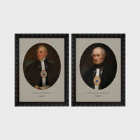 Set of 2 framed prints, Newcastle notables, vintage portraits: a sepia-toned vintage portrait of George Stephenson; and a sepia-toned vintage portrait of Sir William Armstrong — unframed