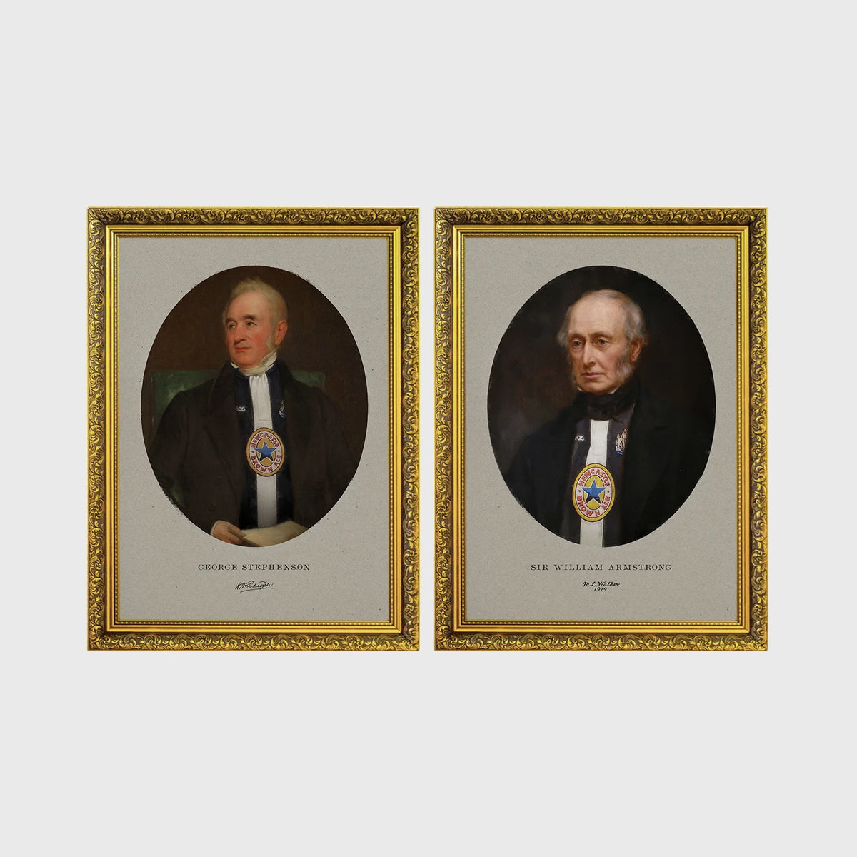 Set of 2 framed prints, Newcastle notables, vintage portraits: a sepia-toned vintage portrait of George Stephenson; and a sepia-toned vintage portrait of Sir William Armstrong — unframed