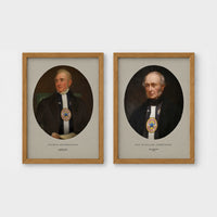 Set of 2 framed prints, Newcastle notables, vintage portraits: a sepia-toned vintage portrait of George Stephenson; and a sepia-toned vintage portrait of Sir William Armstrong — unframed