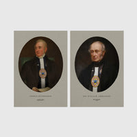 Set of 2 framed prints, Newcastle notables, vintage portraits: a sepia-toned vintage portrait of George Stephenson; and a sepia-toned vintage portrait of Sir William Armstrong — unframed