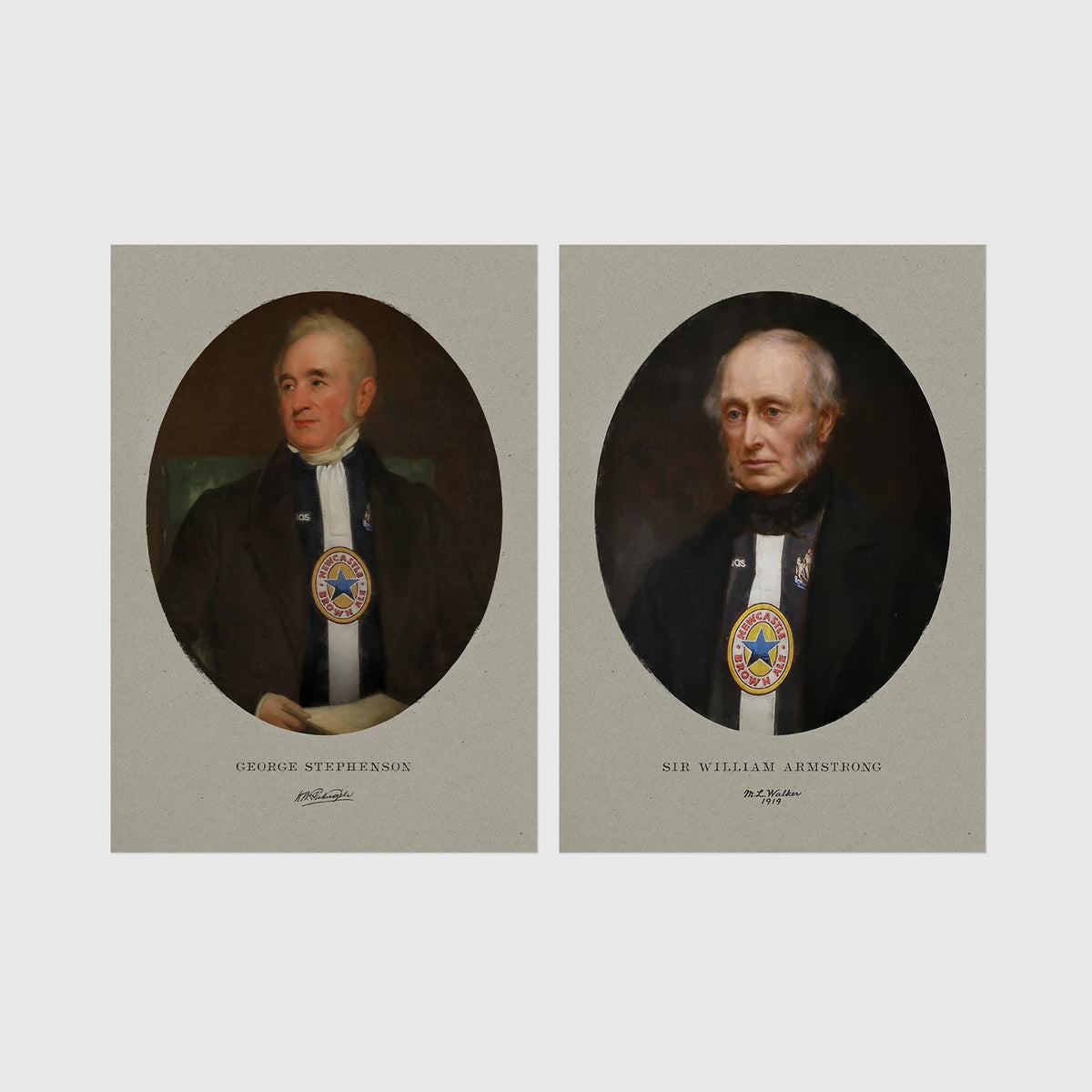 Set of 2 framed prints, Newcastle notables, vintage portraits: a sepia-toned vintage portrait of George Stephenson; and a sepia-toned vintage portrait of Sir William Armstrong — unframed
