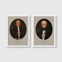 Set of 2 framed prints, Newcastle notables, vintage portraits: a sepia-toned vintage portrait of George Stephenson; and a sepia-toned vintage portrait of Sir William Armstrong — unframed