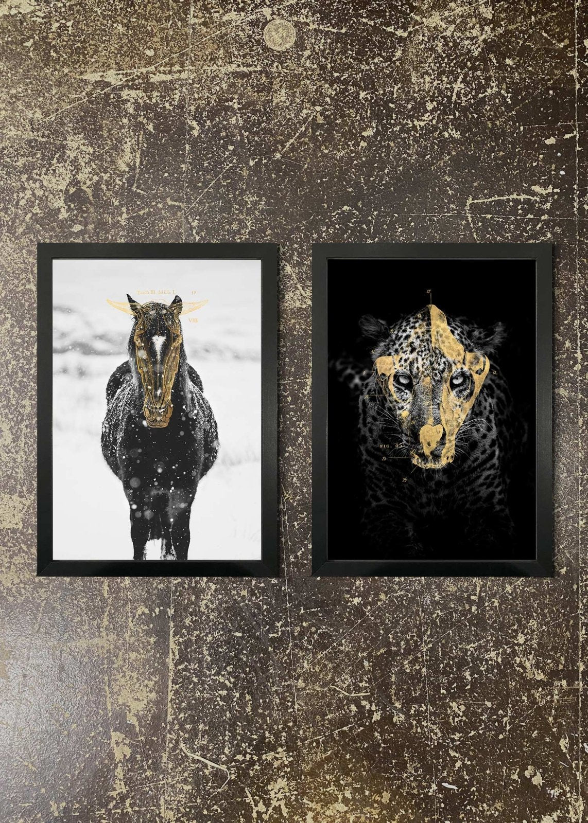 2 Prints & Frames - Gold Leopard & Horse
