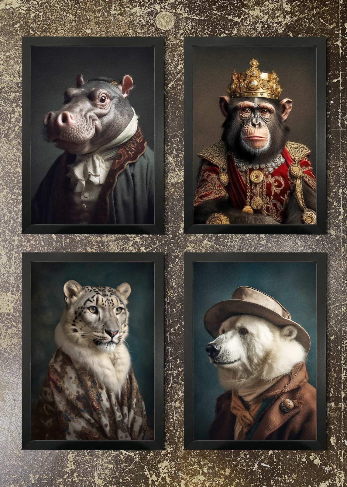 4 Prints & Frames - Hippo, Chimp, Snow Leopard, Polar