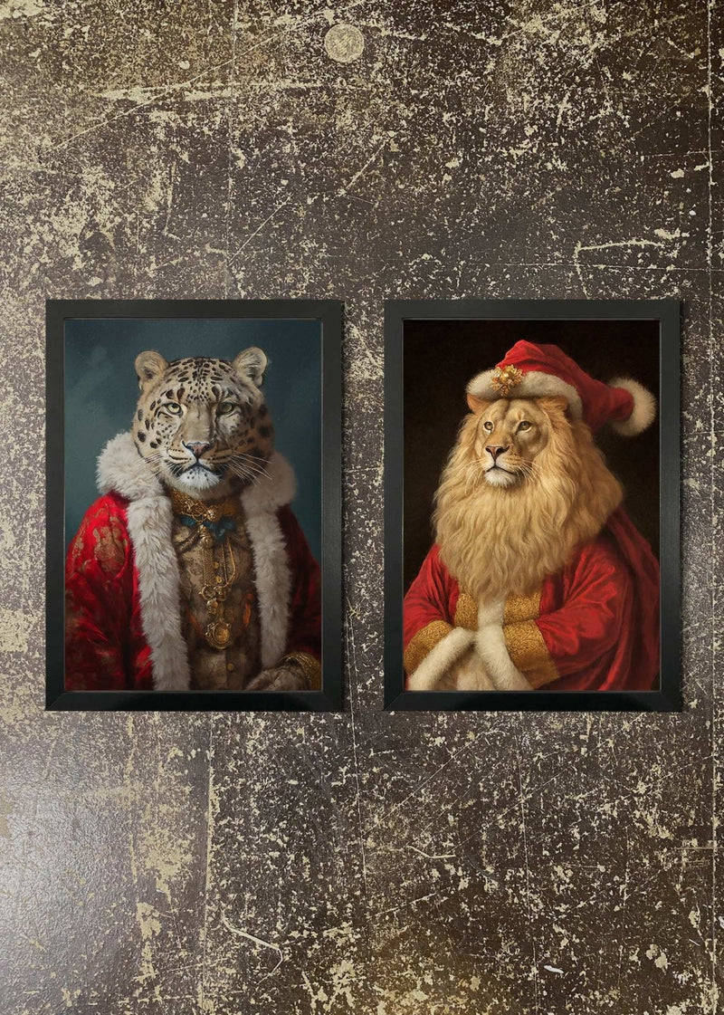 2 Prints & Frames - CHRISTMAS SNOW LEOPARD & LION