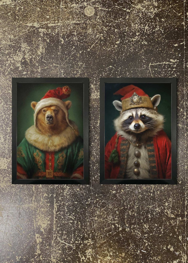 2 Prints & Frames - CHRISTMAS BEAR & RACOON