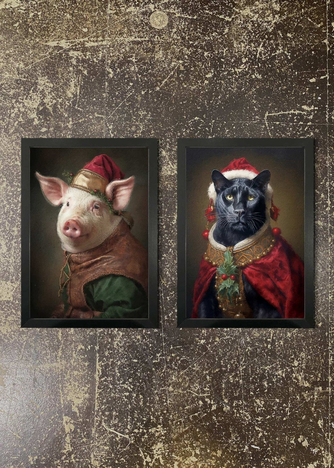2 Prints & Frames - CHRISTMAS PIG & PANTHER
