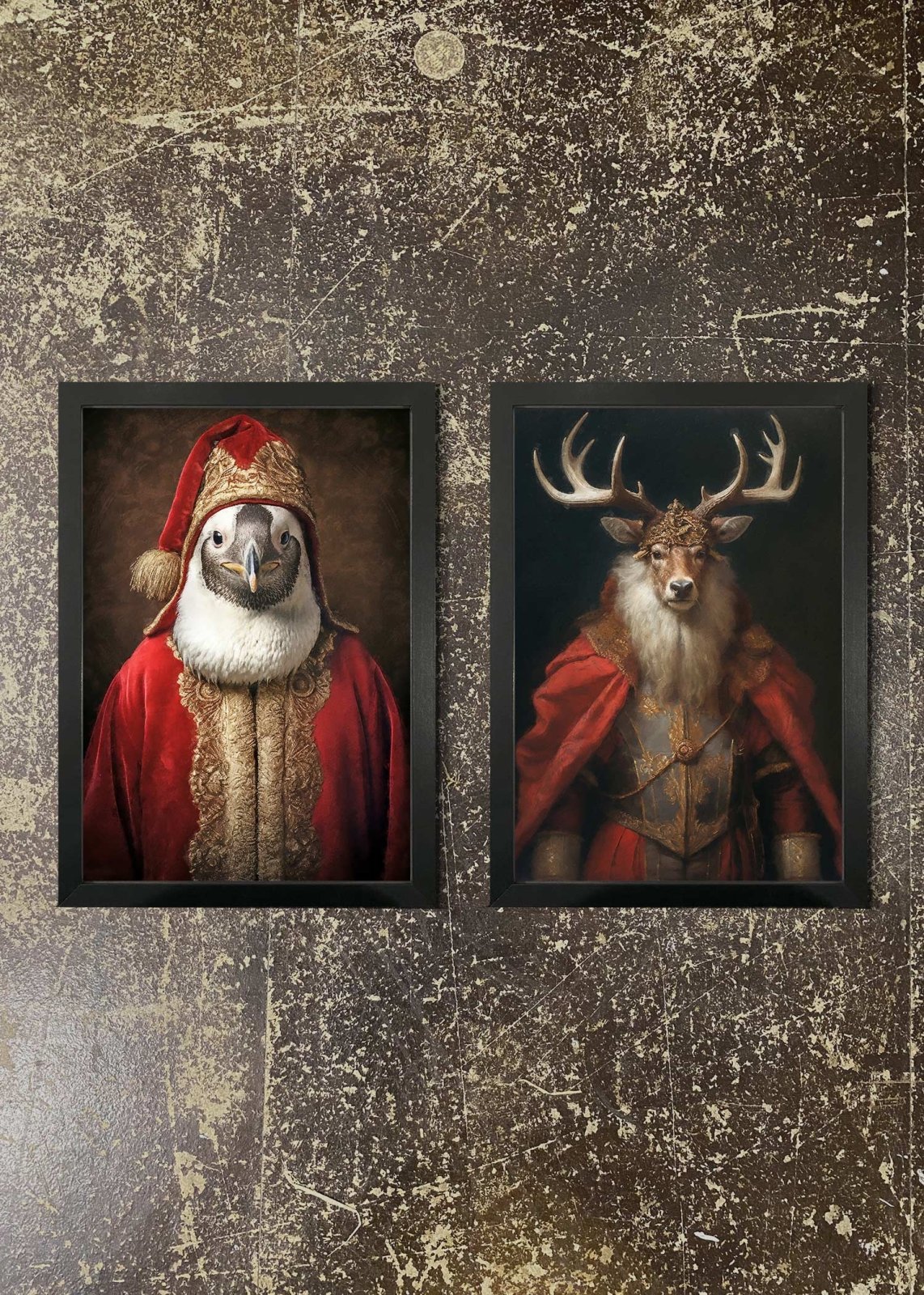 2 Prints & Frames - CHRISTMAS PENGUIN & STAG