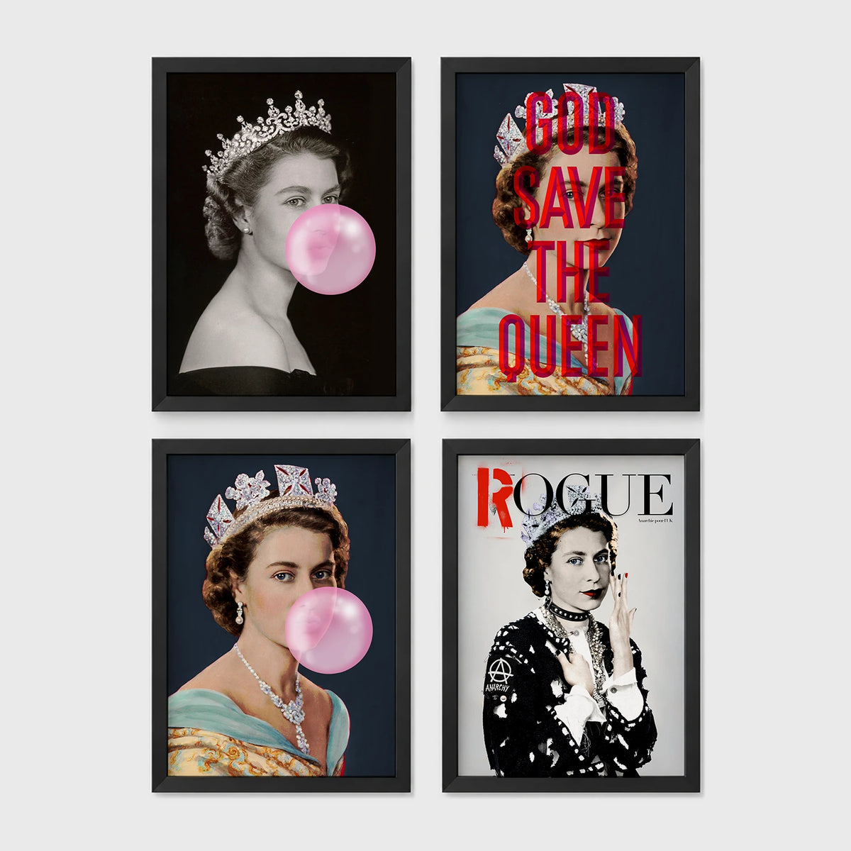Set of 4 framed prints, classical portraits with playful modern alterations: a classical portrait wearing pink balloon bunny ears; the Mona Lisa with dripping gold paint; a classical female portrait with a pink smudge over the face; and a classical female portrait with a black bandana over the face — unframed