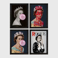 Set of 4 framed prints, classical portraits with playful modern alterations: a classical portrait wearing pink balloon bunny ears; the Mona Lisa with dripping gold paint; a classical female portrait with a pink smudge over the face; and a classical female portrait with a black bandana over the face — unframed