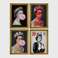 Set of 4 framed prints, classical portraits with playful modern alterations: a classical portrait wearing pink balloon bunny ears; the Mona Lisa with dripping gold paint; a classical female portrait with a pink smudge over the face; and a classical female portrait with a black bandana over the face — unframed