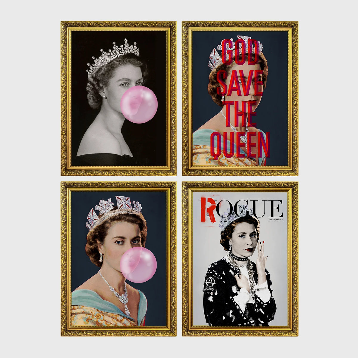 Set of 4 framed prints, classical portraits with playful modern alterations: a classical portrait wearing pink balloon bunny ears; the Mona Lisa with dripping gold paint; a classical female portrait with a pink smudge over the face; and a classical female portrait with a black bandana over the face — unframed