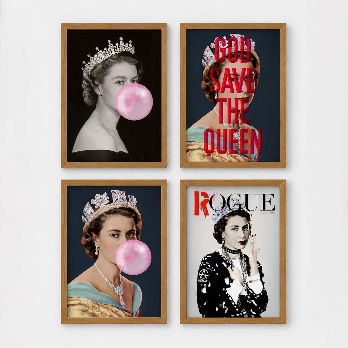 Set of 4 framed prints, classical portraits with playful modern alterations: a classical portrait wearing pink balloon bunny ears; the Mona Lisa with dripping gold paint; a classical female portrait with a pink smudge over the face; and a classical female portrait with a black bandana over the face — unframed