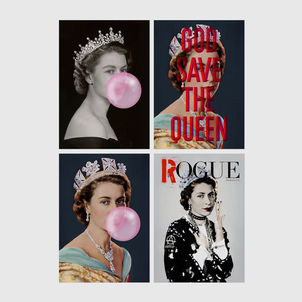 Set of 4 framed prints, classical portraits with playful modern alterations: a classical portrait wearing pink balloon bunny ears; the Mona Lisa with dripping gold paint; a classical female portrait with a pink smudge over the face; and a classical female portrait with a black bandana over the face — unframed