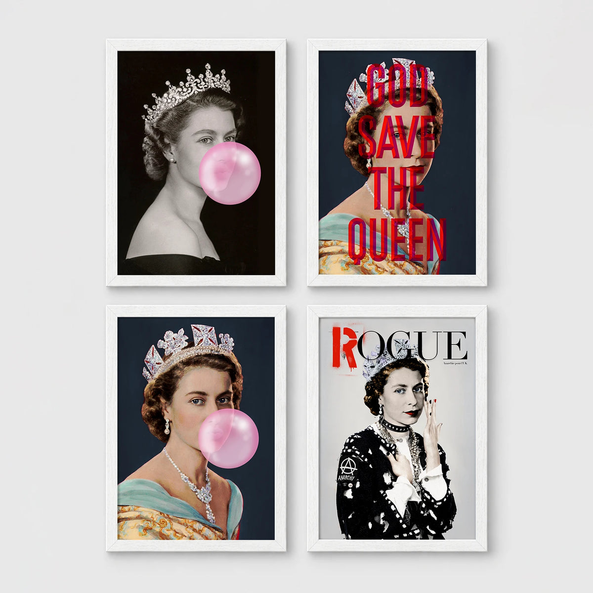 Set of 4 framed prints, classical portraits with playful modern alterations: a classical portrait wearing pink balloon bunny ears; the Mona Lisa with dripping gold paint; a classical female portrait with a pink smudge over the face; and a classical female portrait with a black bandana over the face — unframed
