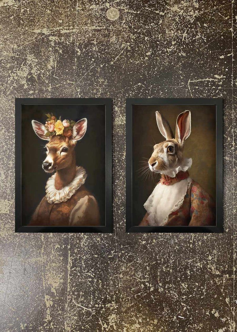 2 Prints & Frames - hare & deer