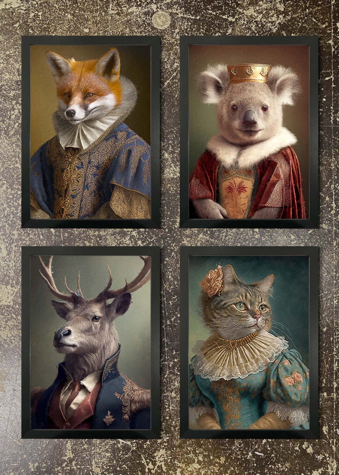 4 Prints & Frames - Fox, Koala, Stag 2, Tabby Cat