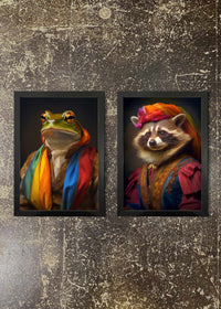 2 FRAMED 21X30CM PRINTS - Rainbow Frog & Raccoon