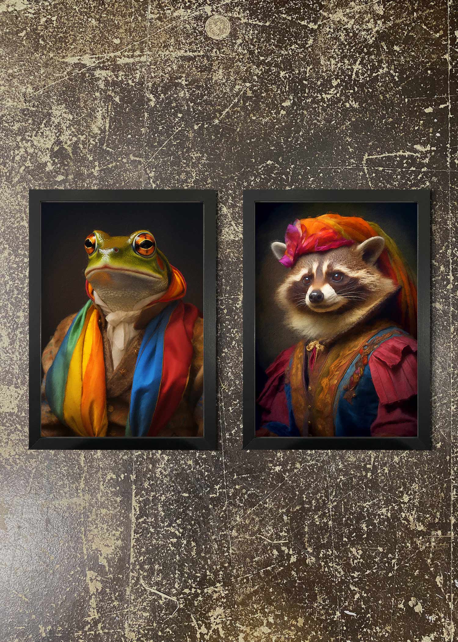 2 Prints & Frames - Rainbow Frog & Raccoon