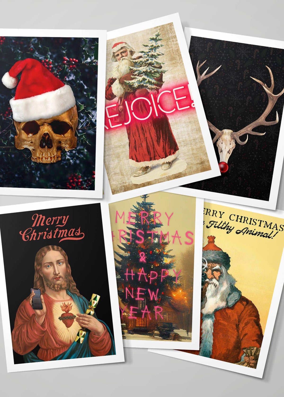 Christmas Card 6 Pack #10 (Skull, Rejoice, Reindeer, Jesus, Merry Spray, Santa Gun)