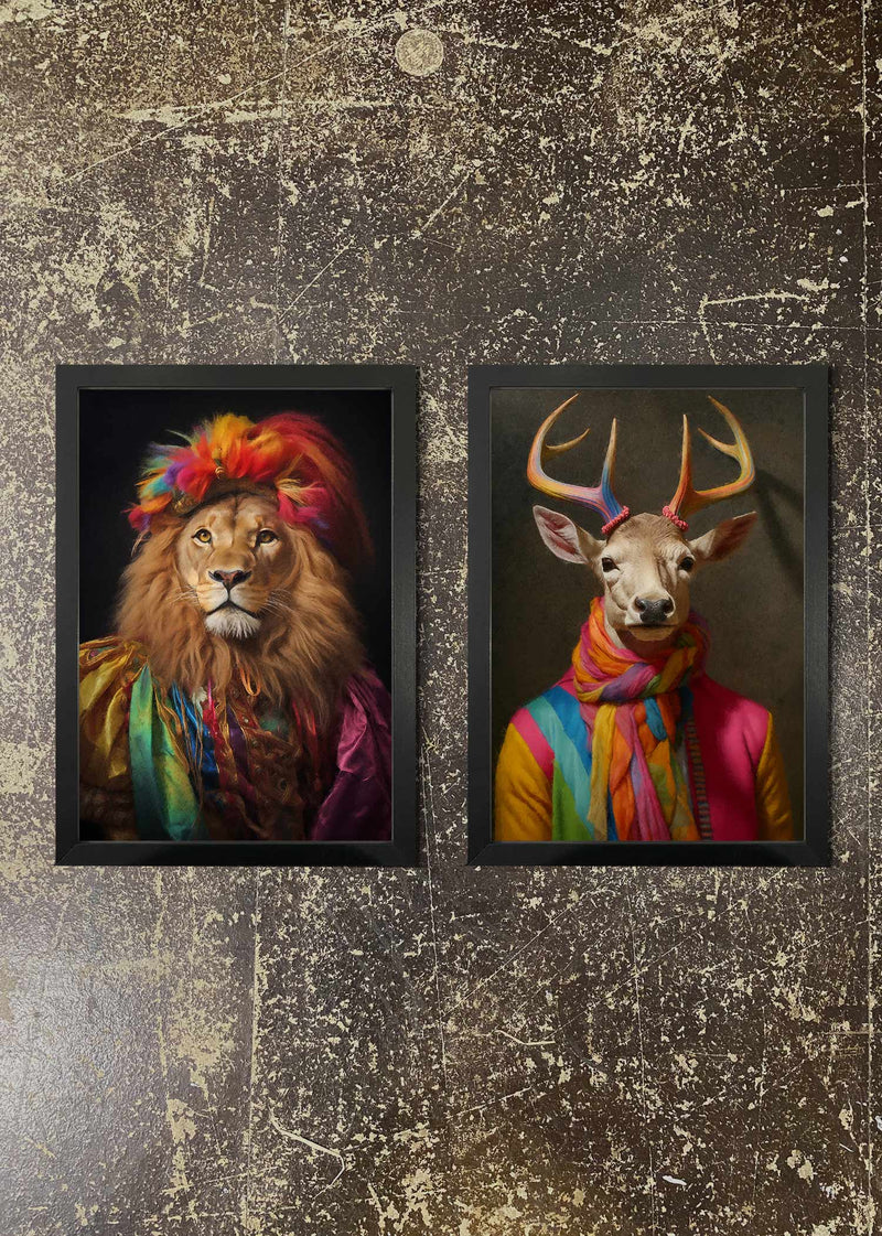 2 Prints & Frames - RAINBOW LION & STAG