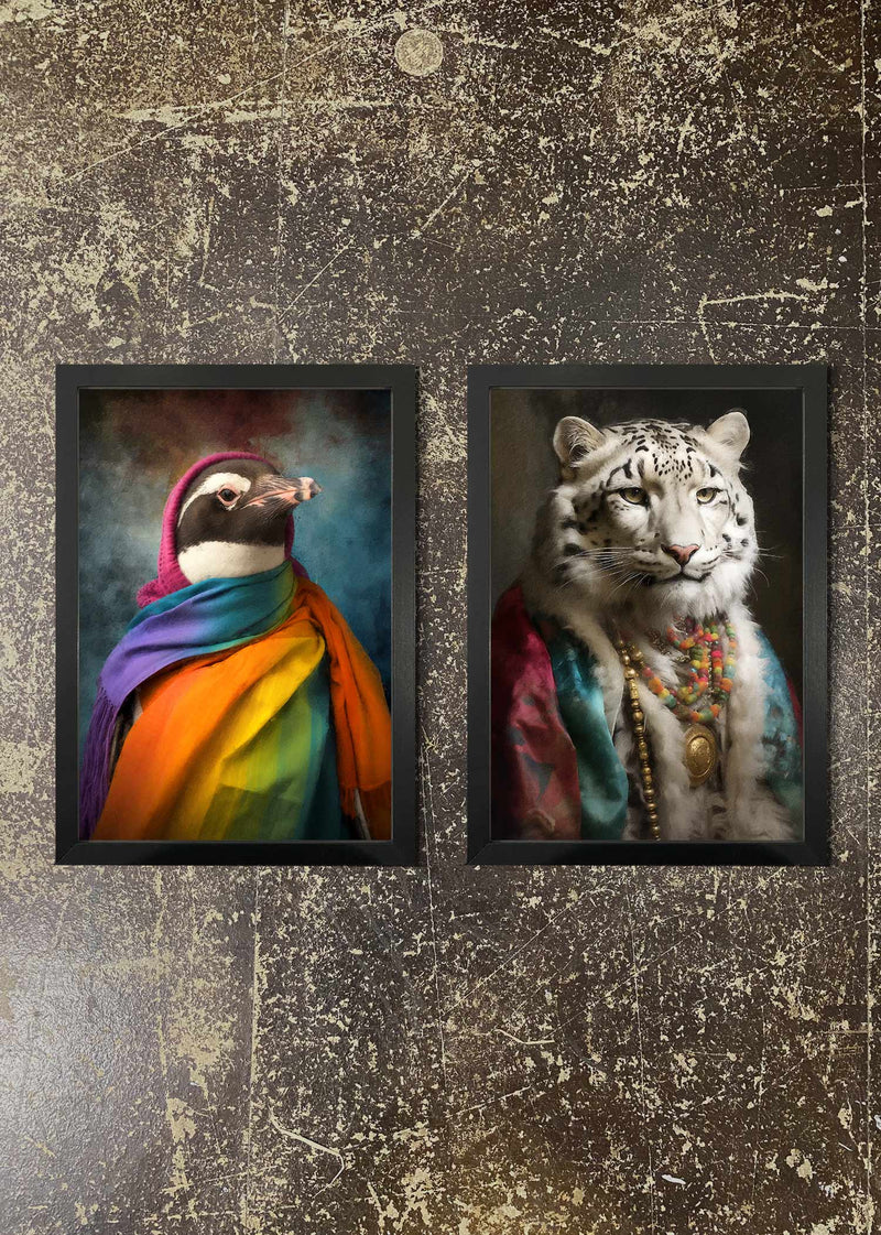 2 Prints & Frames - RAINBOW SNOW LEOPARD & PENGUIN