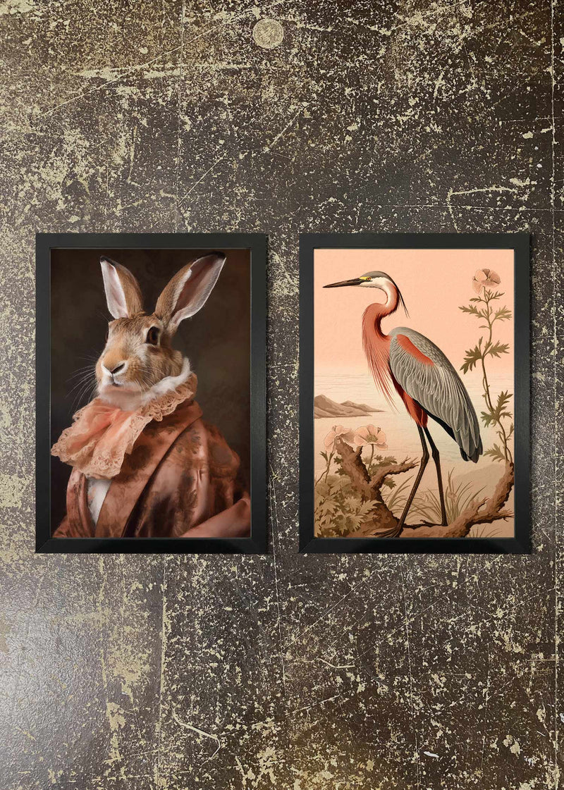 2 Prints & Frames - PEACH FUZZ HERON & HARE