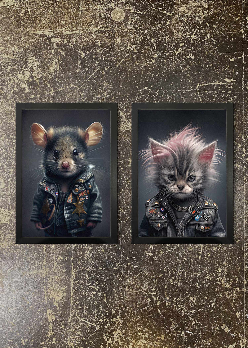 2 Prints & Frames - PUNK MOUSE & KITTEN