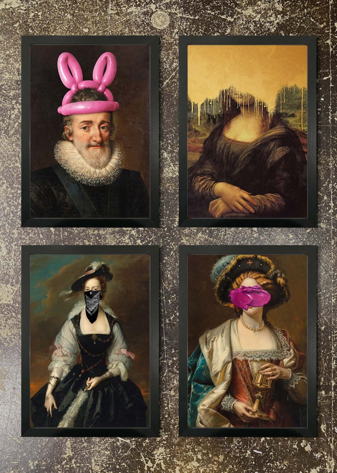 4 Prints & Frames - Bunny Ears, Gold Mona, Gang Female, Pink Smudge Face
