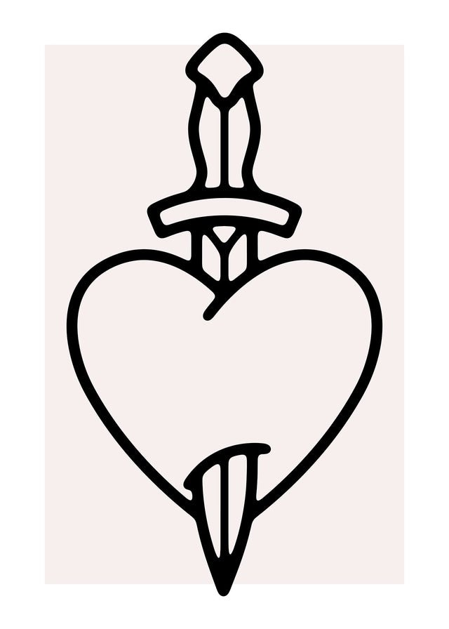 Heart And Dagger Black And White Tattoo Style Print 21x30cm Matte Clearance Print