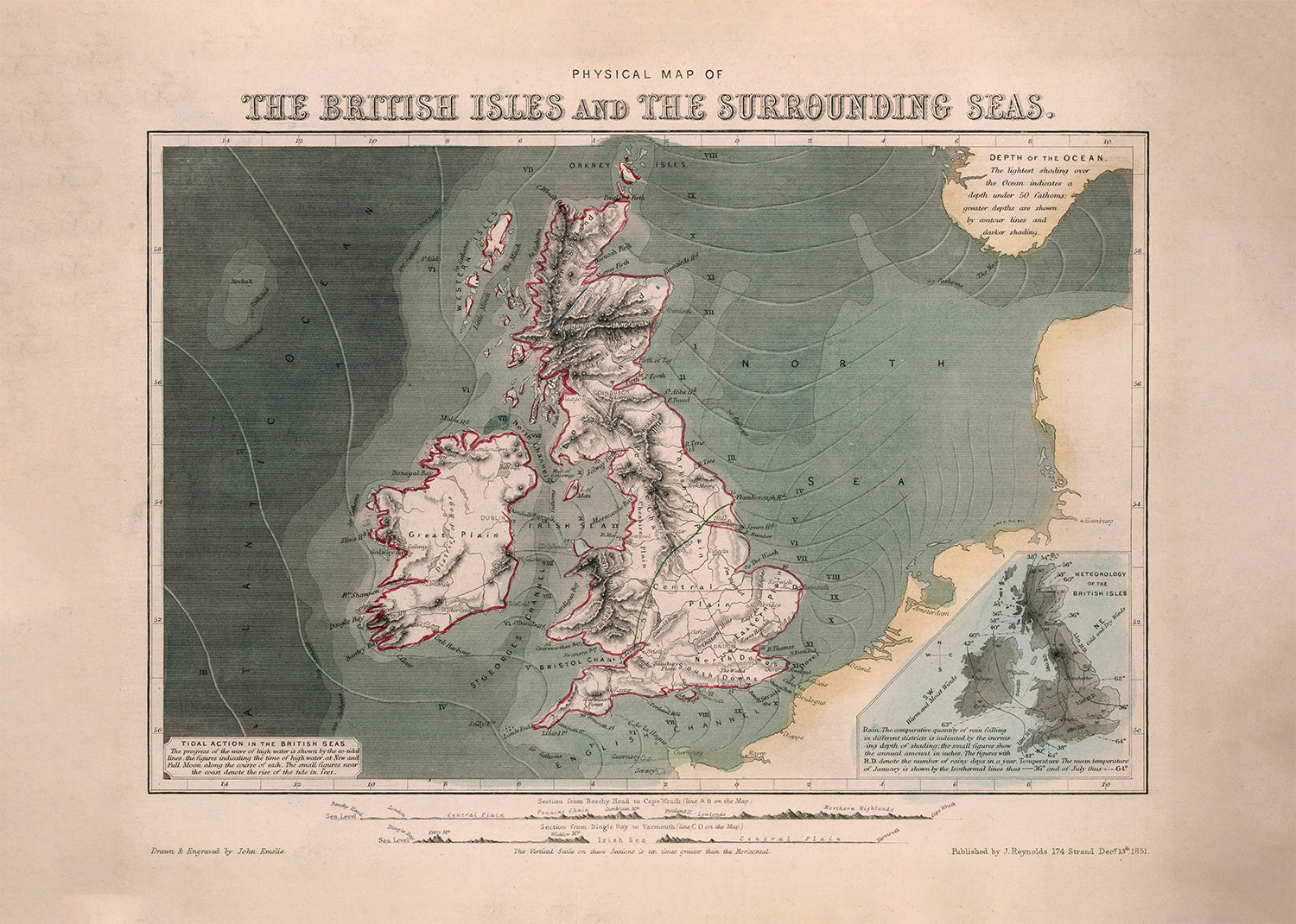 Physical map of the British Isles and the surrounding seas art print