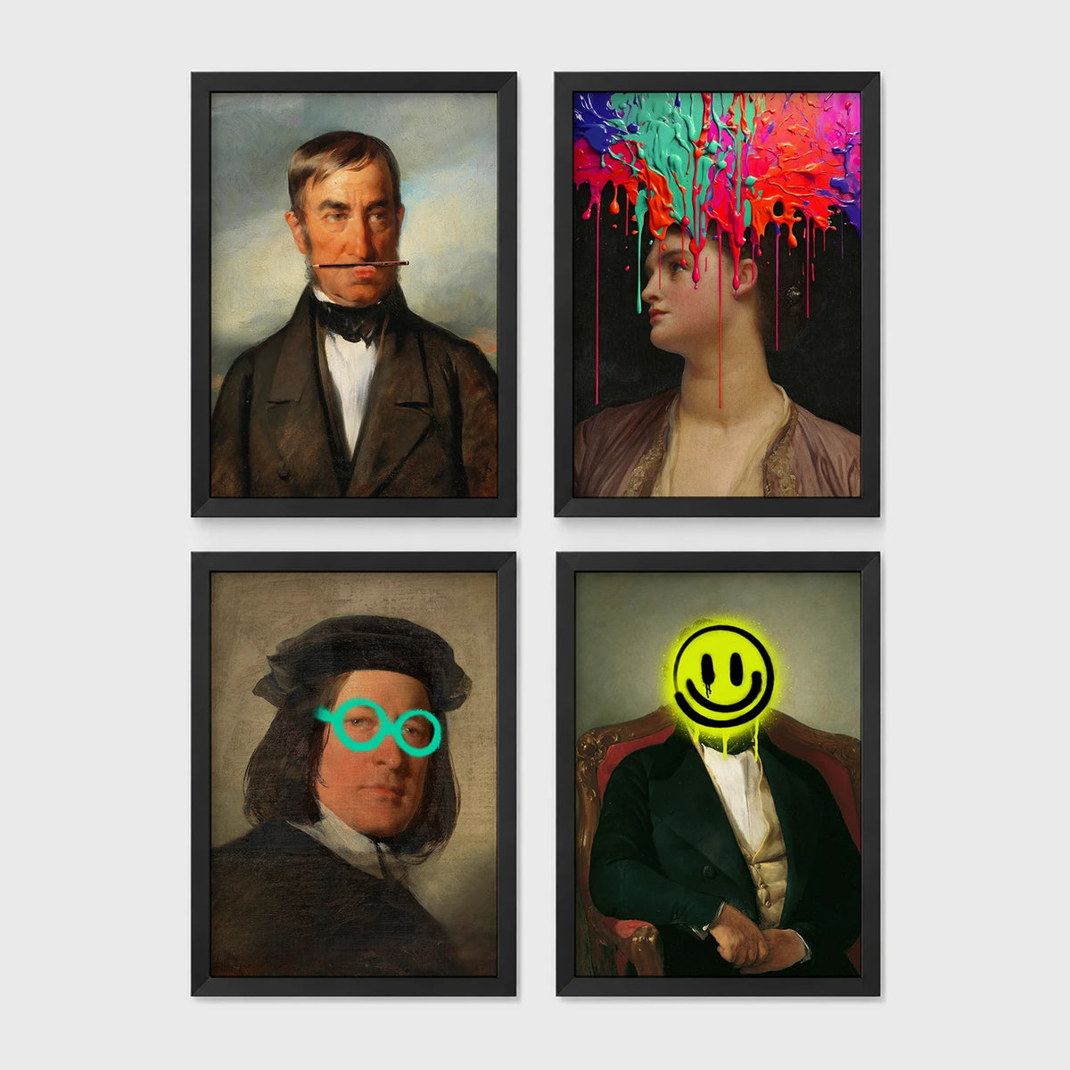 Set of 4 framed prints, classical portraits with playful modern alterations: a classical gentleman's portrait with his moustache replaced by a stick prop; a classical woman's portrait with neon paint drips over her face; a classical man's portrait wearing neon teal circle glasses; and a classical gentleman's portrait with a neon yellow smiley face over his head — unframed