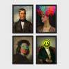 Set of 4 framed prints, classical portraits with playful modern alterations: a classical gentleman's portrait with his moustache replaced by a stick prop; a classical woman's portrait with neon paint drips over her face; a classical man's portrait wearing neon teal circle glasses; and a classical gentleman's portrait with a neon yellow smiley face over his head — unframed