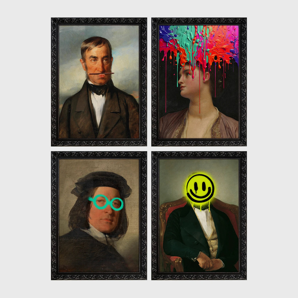 Set of 4 framed prints, classical portraits with playful modern alterations: a classical gentleman's portrait with his moustache replaced by a stick prop; a classical woman's portrait with neon paint drips over her face; a classical man's portrait wearing neon teal circle glasses; and a classical gentleman's portrait with a neon yellow smiley face over his head — unframed