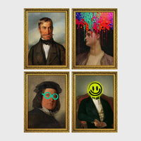 Set of 4 framed prints, classical portraits with playful modern alterations: a classical gentleman's portrait with his moustache replaced by a stick prop; a classical woman's portrait with neon paint drips over her face; a classical man's portrait wearing neon teal circle glasses; and a classical gentleman's portrait with a neon yellow smiley face over his head — unframed