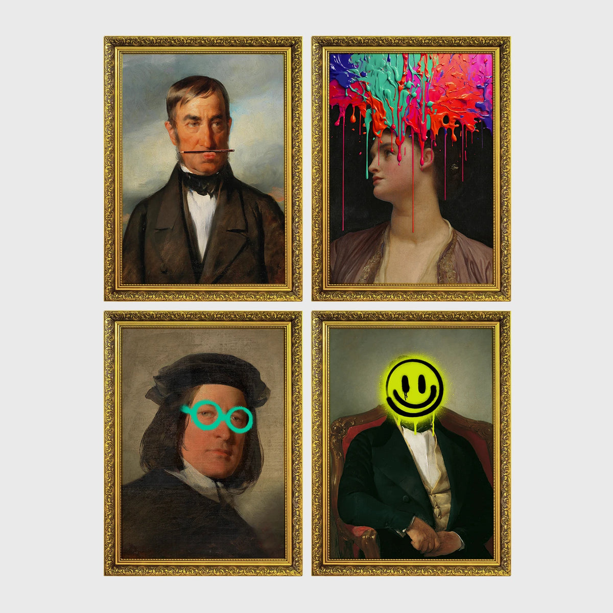 Set of 4 framed prints, classical portraits with playful modern alterations: a classical gentleman's portrait with his moustache replaced by a stick prop; a classical woman's portrait with neon paint drips over her face; a classical man's portrait wearing neon teal circle glasses; and a classical gentleman's portrait with a neon yellow smiley face over his head — unframed