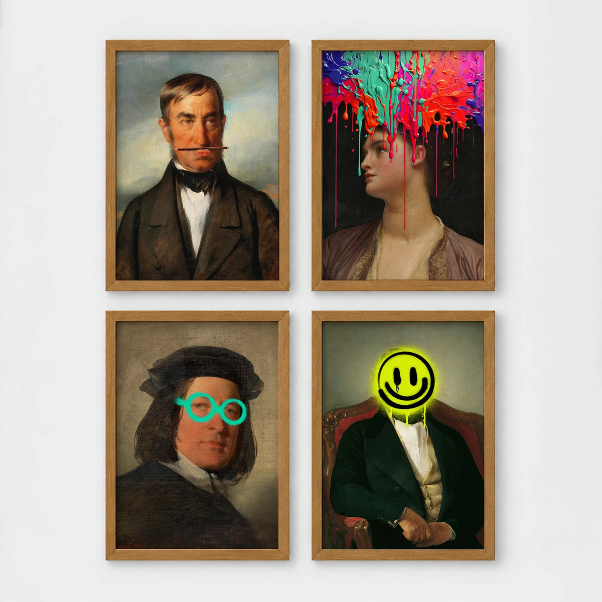 Set of 4 framed prints, classical portraits with playful modern alterations: a classical gentleman's portrait with his moustache replaced by a stick prop; a classical woman's portrait with neon paint drips over her face; a classical man's portrait wearing neon teal circle glasses; and a classical gentleman's portrait with a neon yellow smiley face over his head — unframed