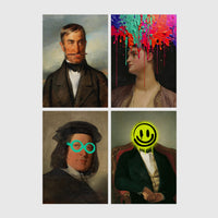 Set of 4 framed prints, classical portraits with playful modern alterations: a classical gentleman's portrait with his moustache replaced by a stick prop; a classical woman's portrait with neon paint drips over her face; a classical man's portrait wearing neon teal circle glasses; and a classical gentleman's portrait with a neon yellow smiley face over his head — unframed