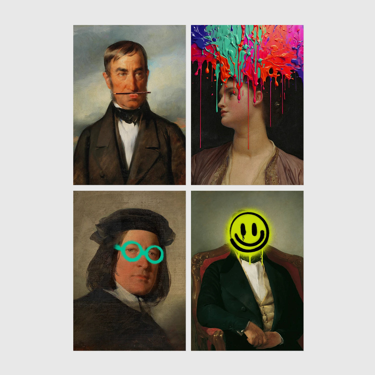 Set of 4 framed prints, classical portraits with playful modern alterations: a classical gentleman's portrait with his moustache replaced by a stick prop; a classical woman's portrait with neon paint drips over her face; a classical man's portrait wearing neon teal circle glasses; and a classical gentleman's portrait with a neon yellow smiley face over his head — unframed