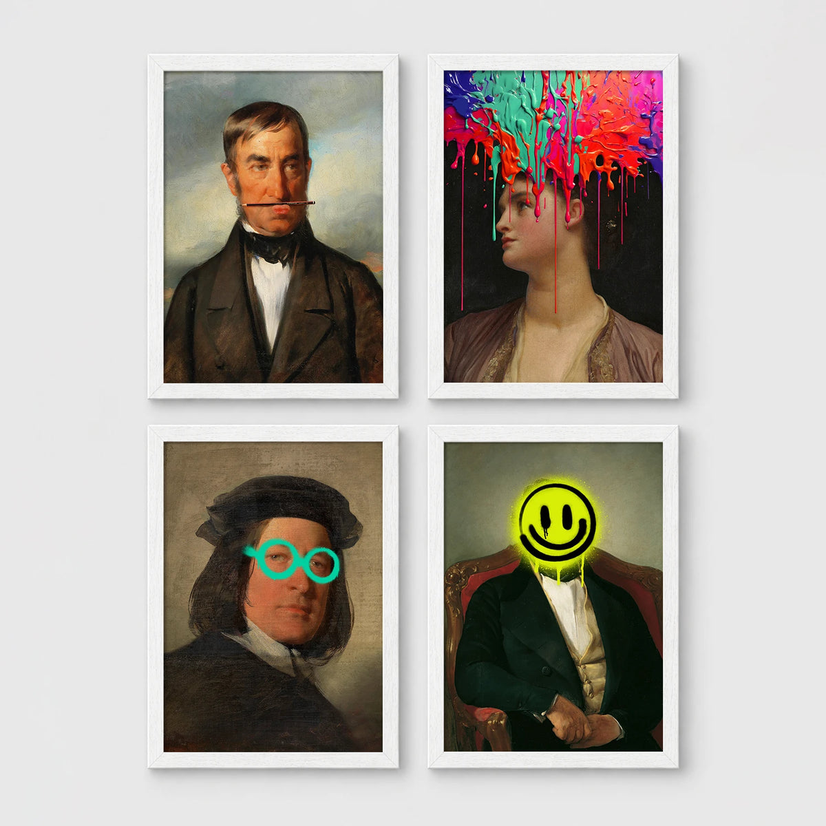 Set of 4 framed prints, classical portraits with playful modern alterations: a classical gentleman's portrait with his moustache replaced by a stick prop; a classical woman's portrait with neon paint drips over her face; a classical man's portrait wearing neon teal circle glasses; and a classical gentleman's portrait with a neon yellow smiley face over his head — unframed