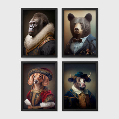 Set of 4 framed prints, animals in Renaissance-style noble dress: a gorilla in a Renaissance fur-collared robe; a brown bear in a bow-tie suit; a dachshund in noble red velvet dress and hat; and a bull in a blue noble collar — unframed
