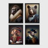 Set of 4 framed prints, animals in Renaissance-style noble dress: a gorilla in a Renaissance fur-collared robe; a brown bear in a bow-tie suit; a dachshund in noble red velvet dress and hat; and a bull in a blue noble collar — unframed