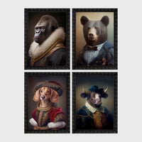 Set of 4 framed prints, animals in Renaissance-style noble dress: a gorilla in a Renaissance fur-collared robe; a brown bear in a bow-tie suit; a dachshund in noble red velvet dress and hat; and a bull in a blue noble collar — unframed